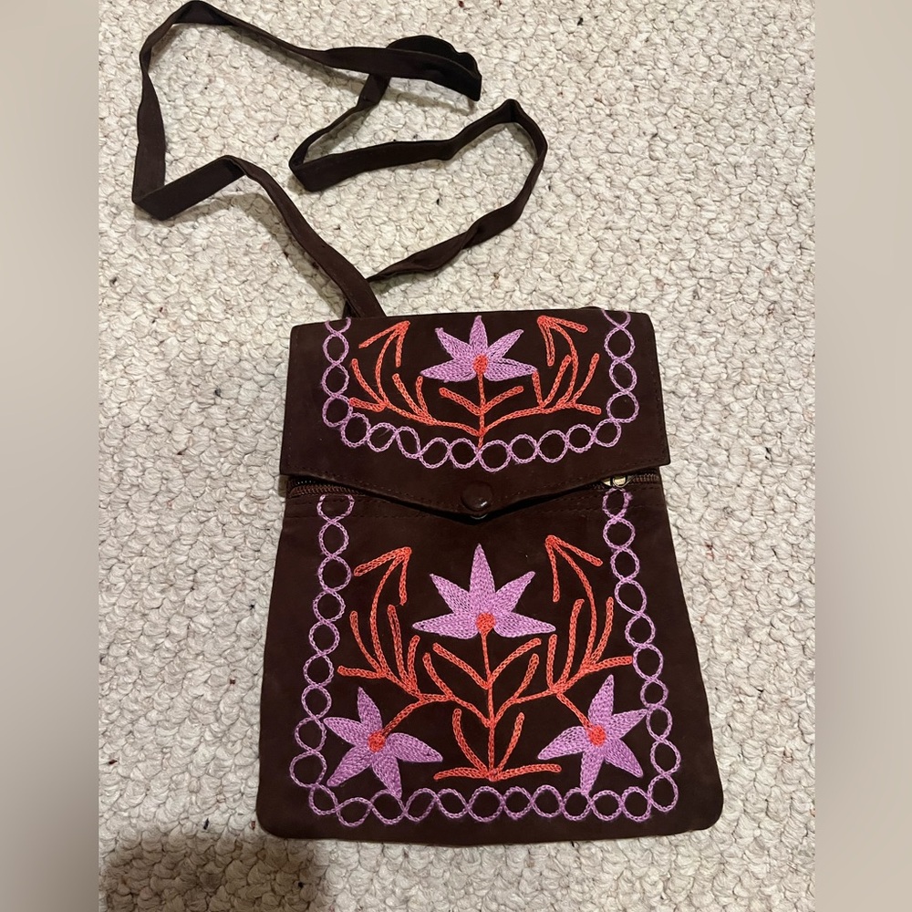 Vintage embroidered suede crossbody bag